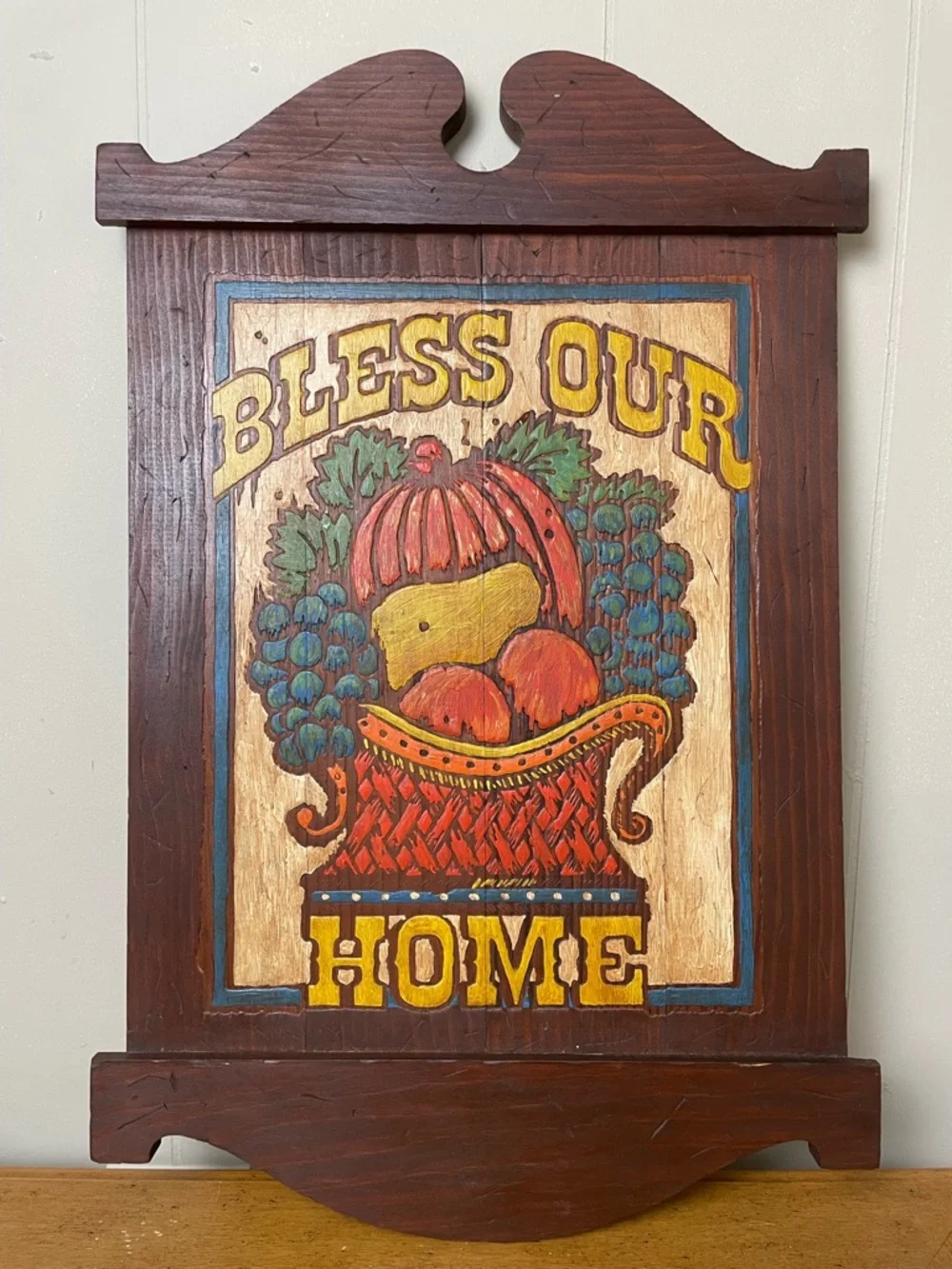 Vintage Folk Wood Rustic ‘Bless Our Home’ Sign 1971